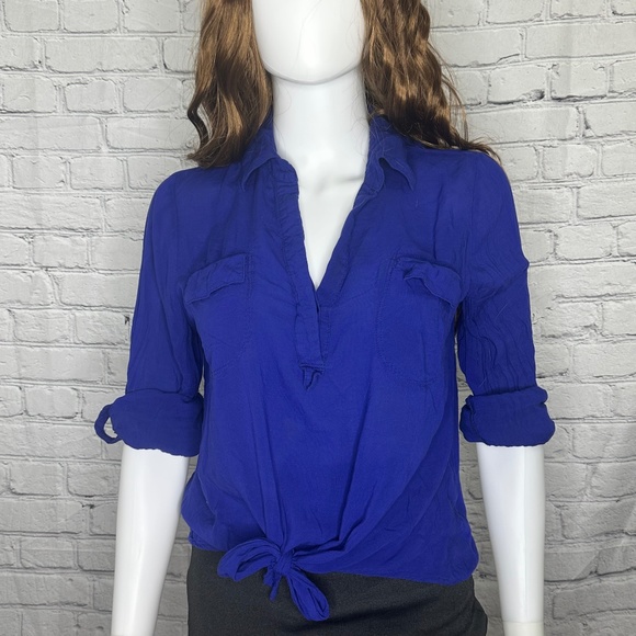 Love Culture Tops - Love Culture Royal Blue Collar Long Sleeve Tie up Blouse